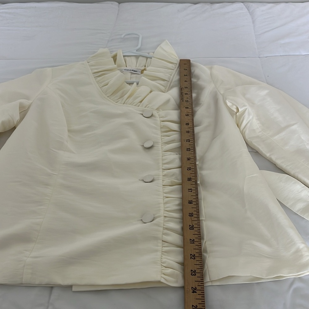 Women's Ruffle-Trim Cream Satin Jacket with Tie Waist - Picture 6 of 10